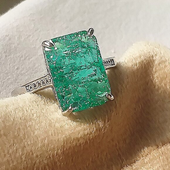 Aqua Zirconia Green Cushion Rectangle Crystal Stone Charm Ring - Picture 2 of 5